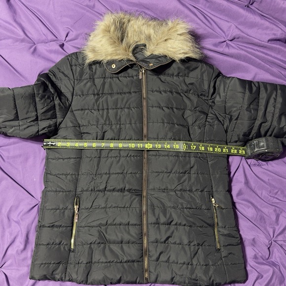 Gray Quilted Hooded Puffer Parka Womens Large Warm Winter Faux Fur Coat - Picture 5 of 7